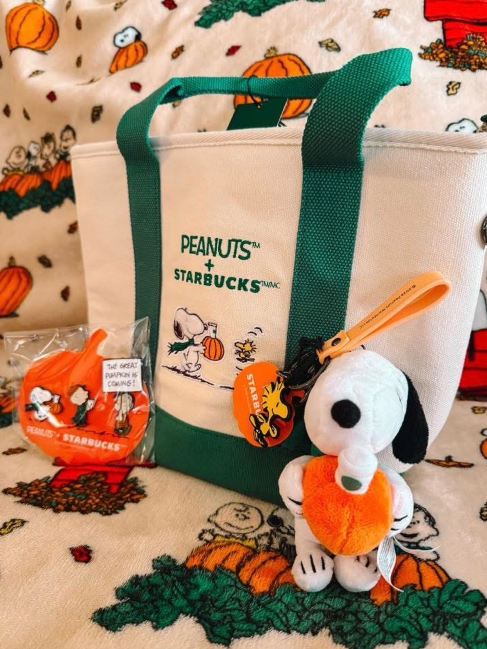 Starbucks x Peanuts Collection, Tote, snoopy plush keychain, pin set